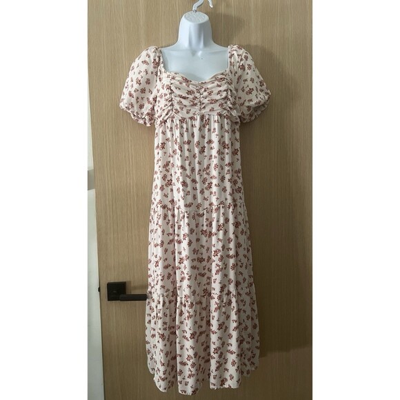 kirious Dresses & Skirts - Kirious Los Angeles Floral Midi Dress Size Large Smocked Puffy Sleeves Rayon